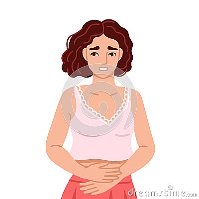 Woman, suffering from acute abdominal pain, diarrhea, bloating, holds her stomach. Painful menstruation. Hand drawn Vector Illustration
