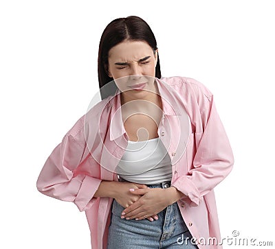 Woman suffering from appendicitis inflammation on white background Stock Photo