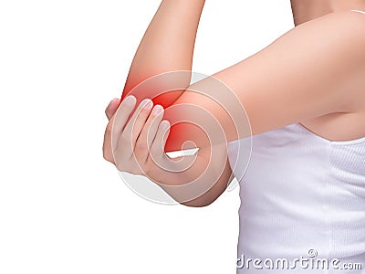 Woman suffering from elbow pain, joint pains. red highlight Stock Photo