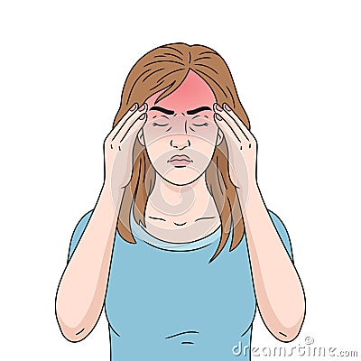 Woman suffering from migraine headache medical Cartoon Illustration