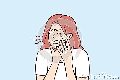 Woman suffering from toothache crying holding cheek needs help from dentist from dental clinic Vector Illustration