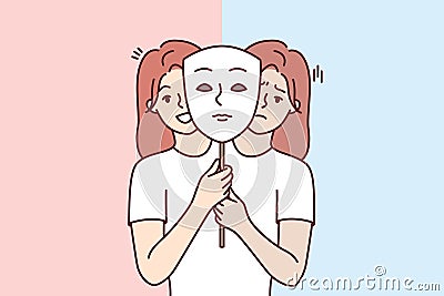 Woman suffers from bipolar disorder and problems due to sharp change mood and holds mask in hands Vector Illustration