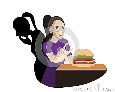 Woman suffers from bulimia. She couldn`t resist a temptation for burger Vector Illustration
