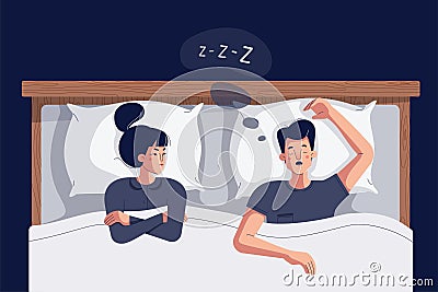 Woman suffers insomnia because of snoring man in bed. Husband snores loudly, angry frustrated wife can not sleep because Vector Illustration