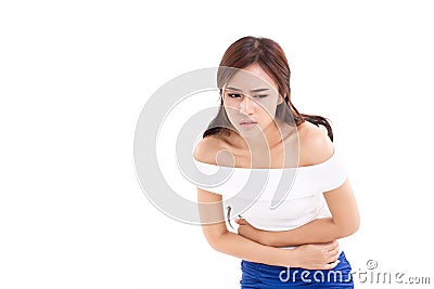 Woman suffers from menstruation pain or stomach ache Stock Photo