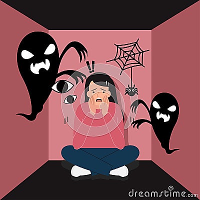 Woman suffers from phobias and fears. The psychological concept of mental disorder and paranoia. Vector Illustration