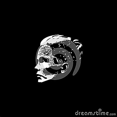 Woman sugar skull dotwork tattoo with dots shading, tippling tattoo. Hand drawing face portrait white emblem on black Vector Illustration