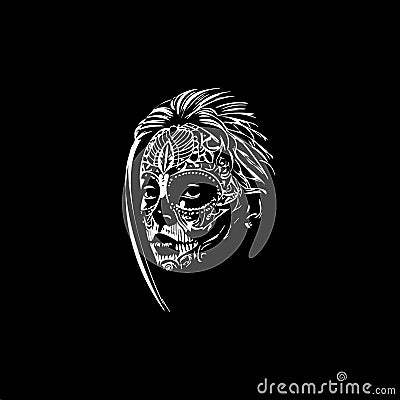 Woman sugar skull dotwork tattoo with dots shading, tippling tattoo. Hand drawing face portrait white emblem on black Vector Illustration