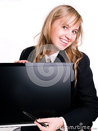 Woman in the suit and computer Stock Photo