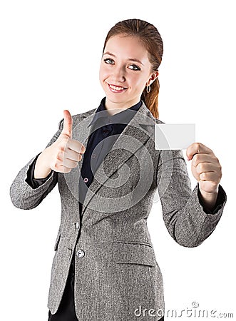 Woman suit credit card thumbs up Stock Photo