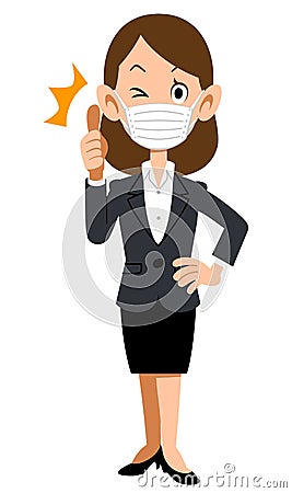 A woman in a suit with a mask, thumbs up and winks Vector Illustration