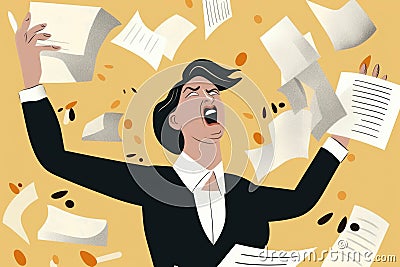 A woman in a suit screaming in frustration while juggling paper bills coins and a calculator.. AI generation Stock Photo