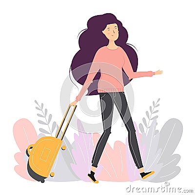 Woman with suitcase. Girl traveler. Happy girl goes with luggage. Flat style Vector Illustration