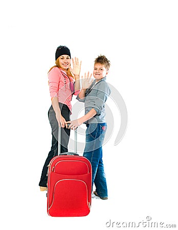 Woman with a suitcase. Isolation on the white Stock Photo