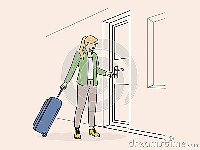 Woman suitcase open door with key Vector Illustration