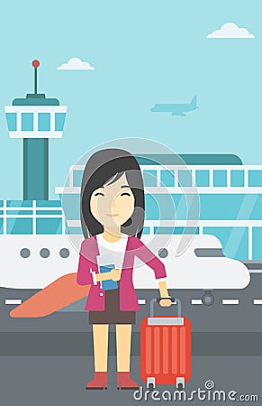 Woman with suitcase and ticket at the airport. Vector Illustration