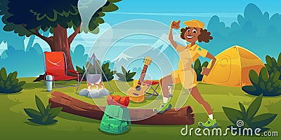 Woman in summer camp with bonfire, tent and guitar Vector Illustration