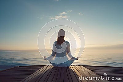 pose woman summer lotus lifestyle fitness ocean sea pier yoga sport young. Generative AI. Stock Photo