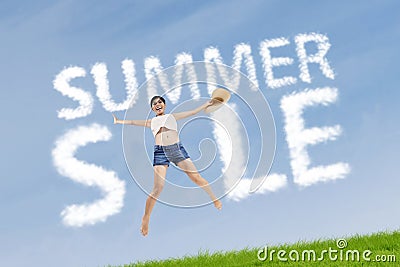 Woman with summer sale sign Stock Photo