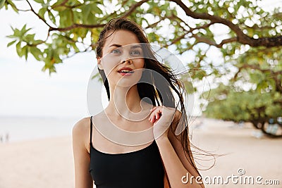 woman summer smile beach sea vacation young ocean nature sand enjoyment Stock Photo
