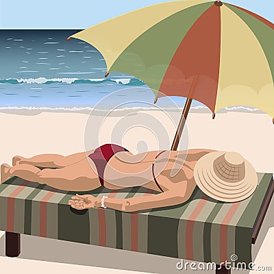 Woman sunbathes on the beach. Vector Illustration