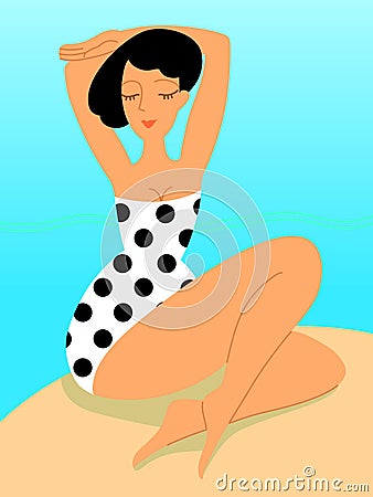Woman sunbathes on the beach Vector Illustration