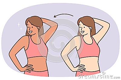 Woman before and after sunbathing or going to spa with visit to solarium to get tanned skin color Vector Illustration