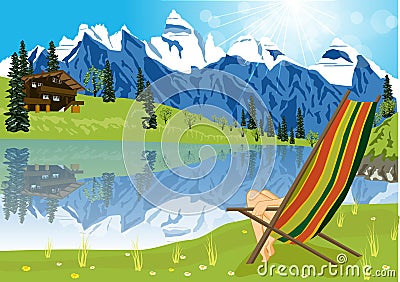 Woman sunbathing on lounge chair beside a lake located at the foot of a mountain Vector Illustration