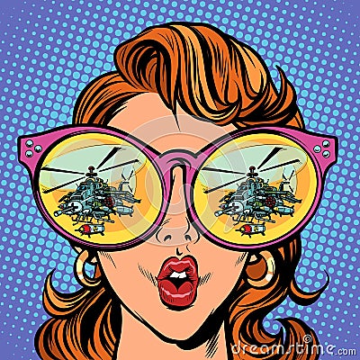 Woman with sunglasses. military helicopter in reflection Vector Illustration