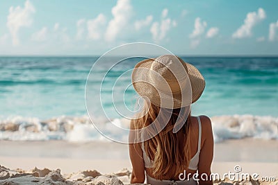 Woman in a sunhat relaxing on the sandy shore, gazing at the tranquil ocean Stock Photo