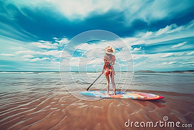 Woman with SUP board, watersport, paint. AI generative. Travel Stock Photo