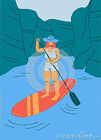 Woman on a SUP surfboard Vector Illustration