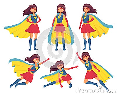 Woman superhero character. Wonder girl in superwoman costume with cloak. Superheroes hero character vector illustration Vector Illustration