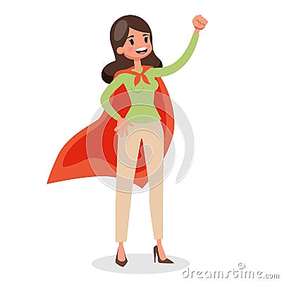 Woman superhero. Female character standing with a red cloak Vector Illustration