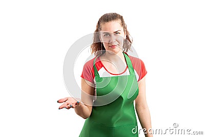 Woman supermarket or hypermarket employee making asking gesture Stock Photo