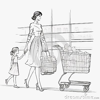 Woman in supermarket with a kids and shopping cart full of groceries. Cartoon Illustration