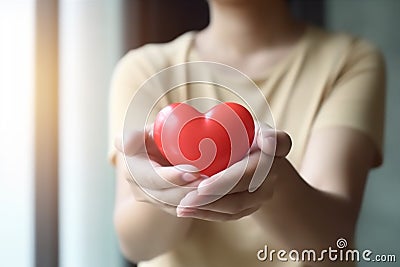 woman support red hold valentine hand donor care cardiogram health love. Generative AI. Stock Photo