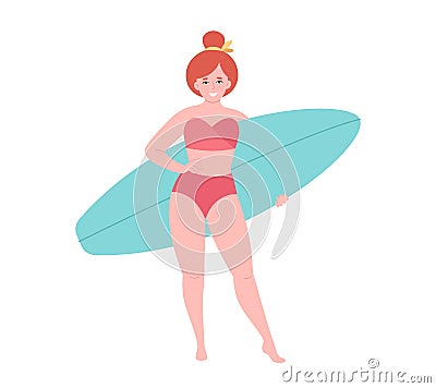 Woman with surfboard. Summer activity, summertime, surfing. Hello summer. Summer Vacation. Hand drawn vector Vector Illustration