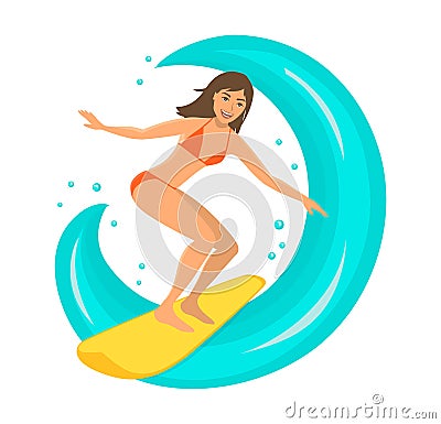 Woman surfer riding the wave on surfboard Vector Illustration