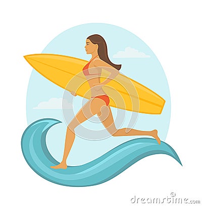 Woman surfer running with surfboard to catch the wave. Vector Illustration