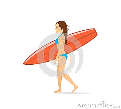 Woman surfer walking with surfboard Vector Illustration