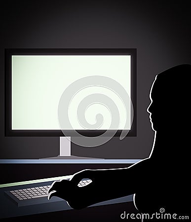 Woman Surfing Internet Desktop Computer Dark Room Stock Photo