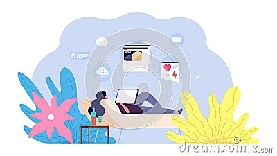 Woman surfing internet. Online addiction, girl on sofa with laptop and wine. Relax, free time or lazy weekend vector Vector Illustration