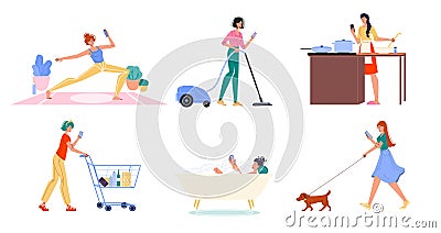 Woman surfing internet spending time online set Vector Illustration