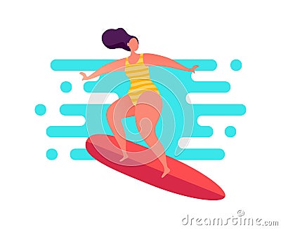 Woman surfing on the swell in striped swimwear. Vector Illustration