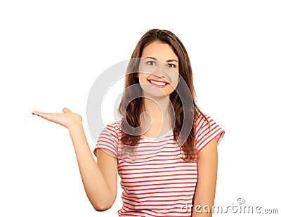 Woman surprise showing product. Presenting your product. emotional girl isolated on white background Stock Photo