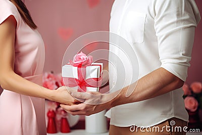 Woman surprising her partner with a homemade Valentine& x27;s day gift. Generative AI Stock Photo