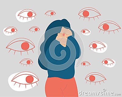 Woman surrounded by big evil eyes. Sad girl suffers from verbal abuse, bullying. Vector Illustration