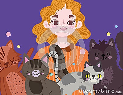 Woman surrounded by cats, adorable pets Vector Illustration