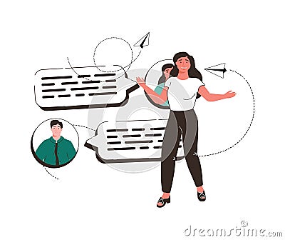 Woman surrounded by speech bubbles. Concept of verbal communication skills or abilities, business Vector Illustration